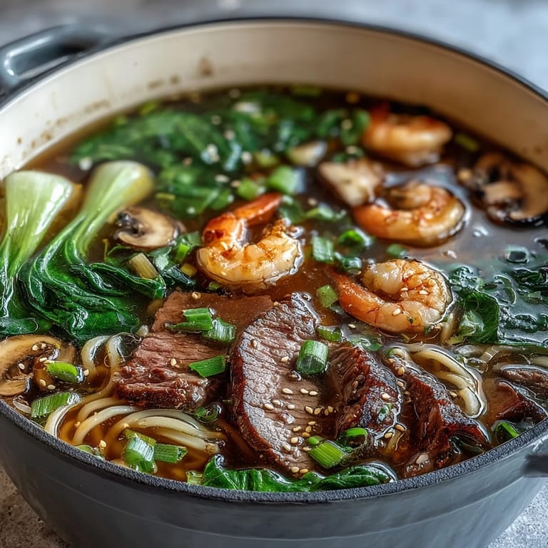 Vibrant Asian hot pot featuring thinly sliced meats, tofu, and seasonal vegetables cooked tableside in a fragrant, steaming broth.  