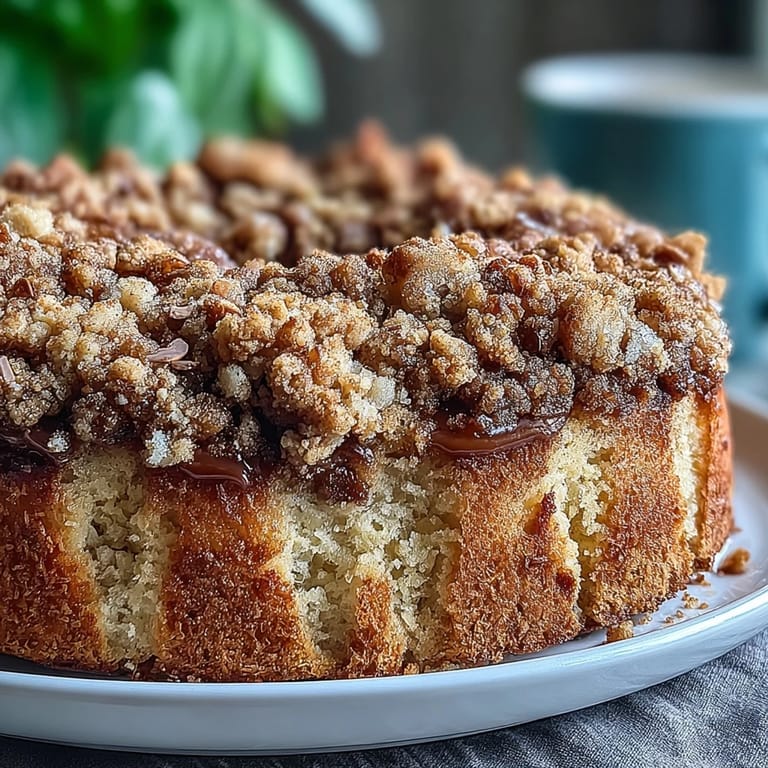Close-up view of a cardamom coffee cake slice revealing the tender interior and buttery streusel crumble.