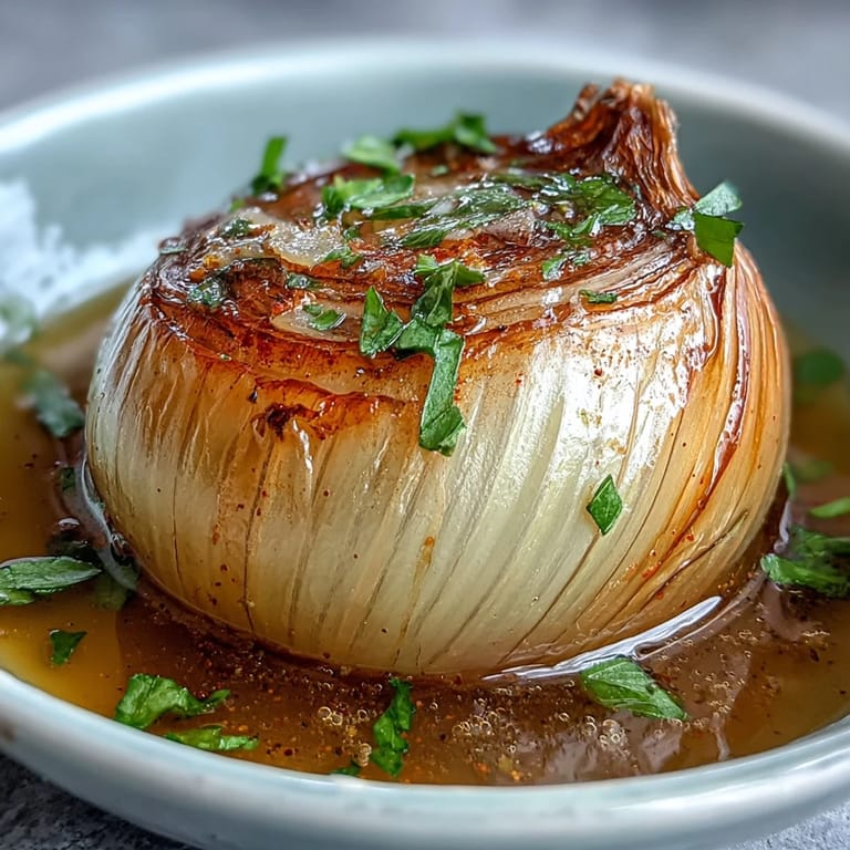 Tender onions in spiced broth, garnished with parsley and chives, perfect for sensory eating.