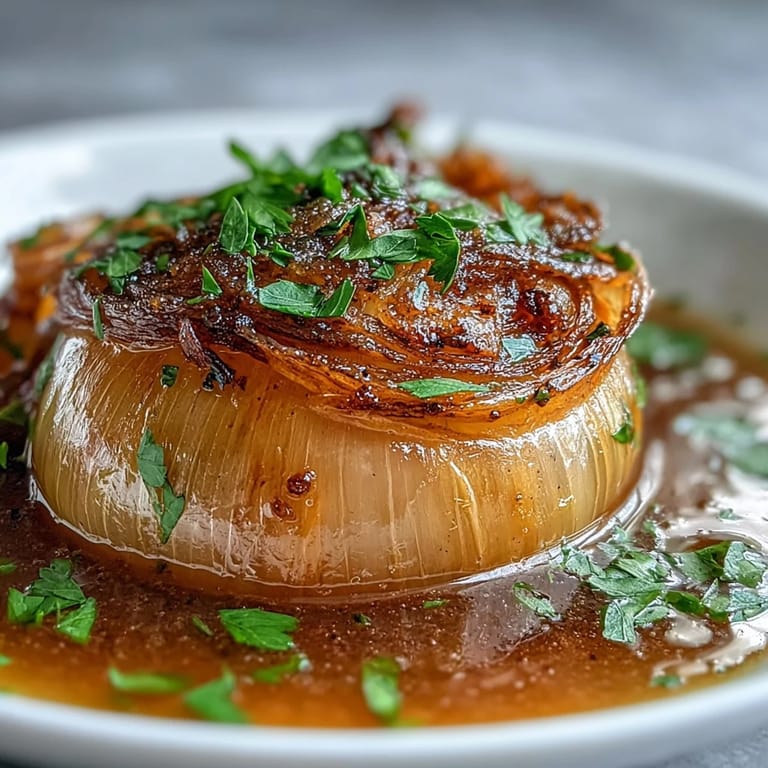 Slow-simmered onions in rich broth, infused with garlic and thyme, served hot for ASMR enjoyment.
