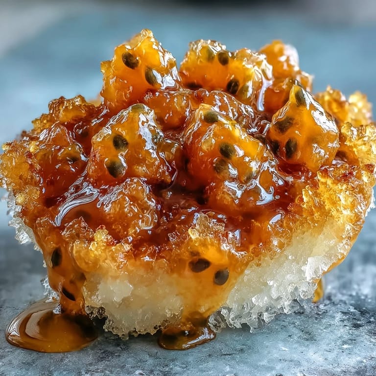 Fluffy passionfruit granita made with tangy pulp and lime, offering a light and icy treat perfect for hot days or elegant dinner parties.