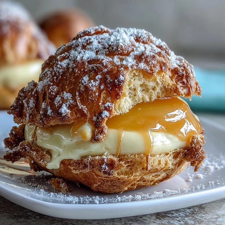2. Light and airy cream puffs bursting with rich mango-infused custard, finished with a delicate sugar dusting.