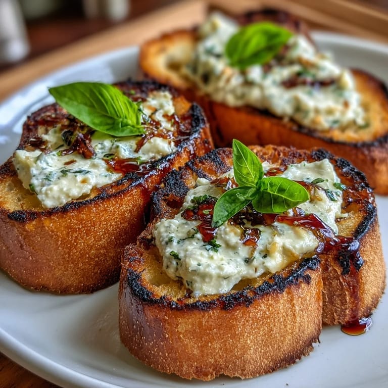 Crispy crostini layered with whipped ricotta and tender, charred vegetables, finished with fresh basil and a drizzle of balsamic glaze. An elegant vegetarian starter perfect for gatherings.