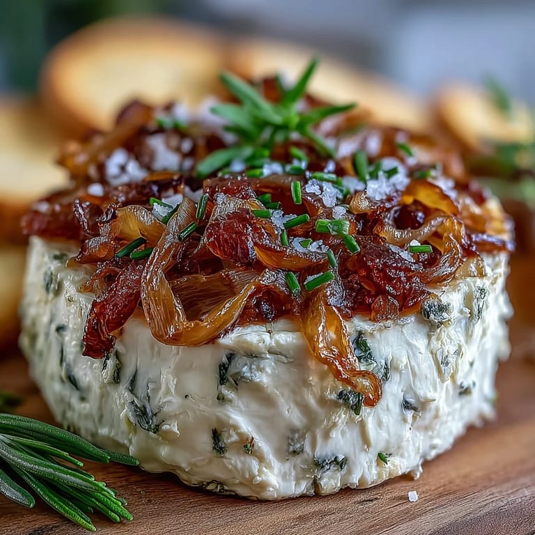 Rich, golden caramelized onion butter board topped with flaky sea salt, fresh thyme, and black pepper, perfect for sharing.