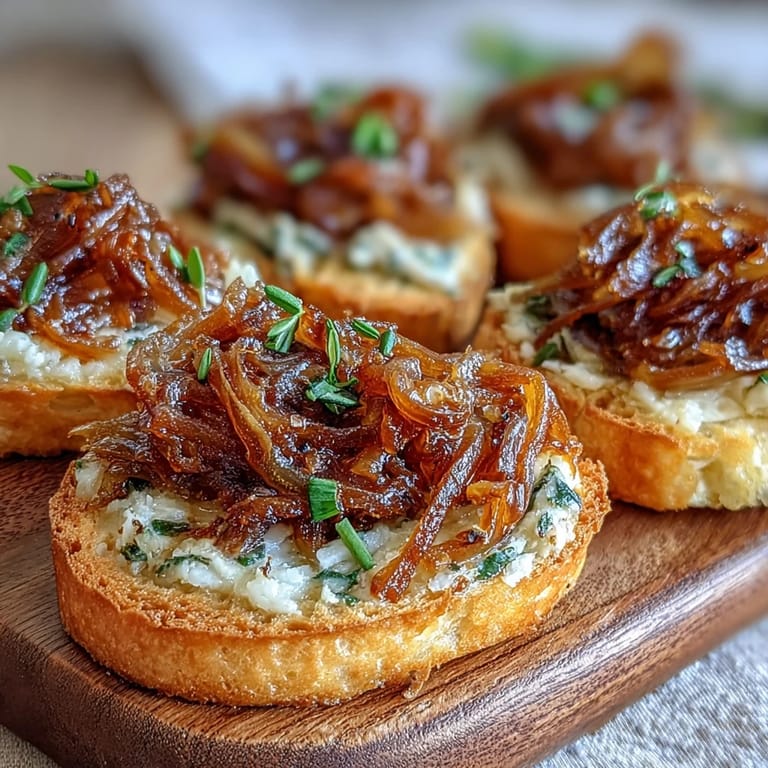 Decadent caramelized onion butter spread on a serving board, swirled with herbs and served alongside crunchy crackers and fresh baguette.