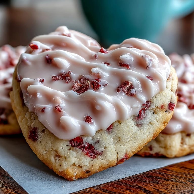 Festive strawberry-flavored sugar cookies decorated with pink royal icing, featuring a tender crumb and sweet berry aroma.