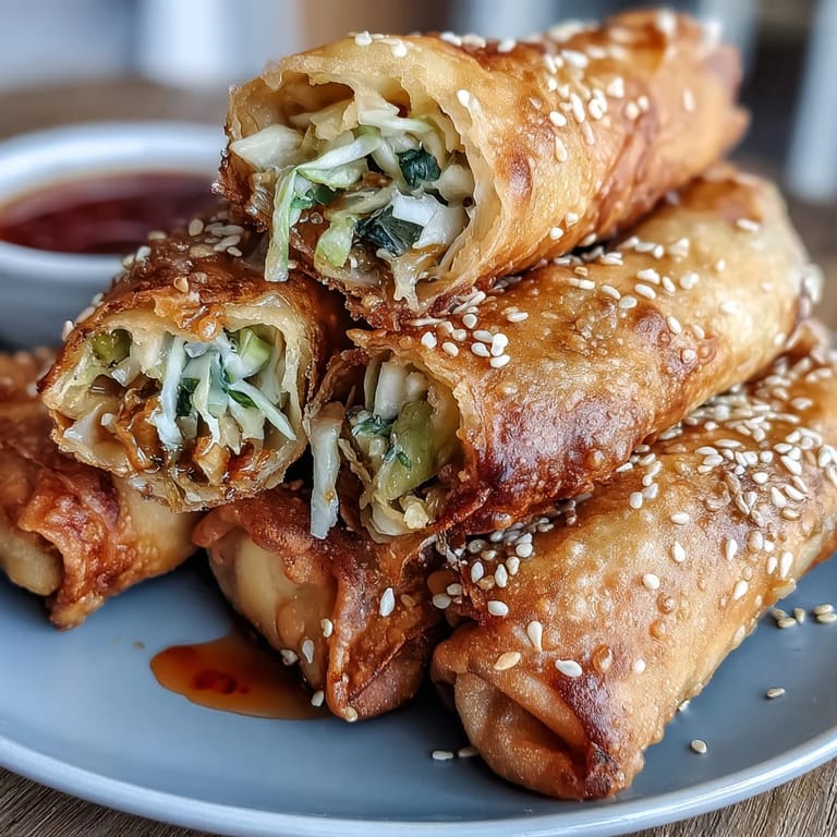 Air-fried spring rolls with a savory cabbage and mushroom filling, paired with a tangy, homemade sweet chili sauce.  
