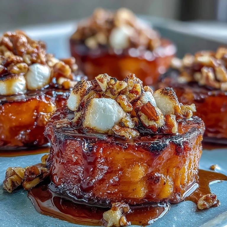 Close-up of baked sweet potatoes in spiced brown sugar glaze with melted marshmallows and a crispy pecan crumble topping.