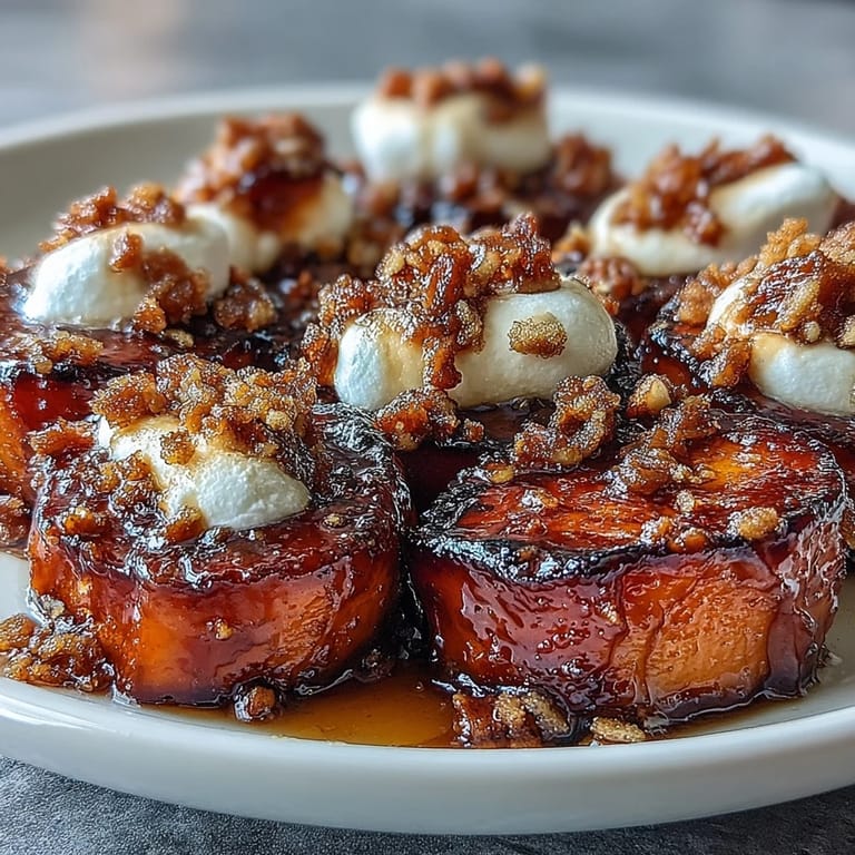 Classic soul food candied yams served in a casserole dish with caramelized marshmallows and nutty pecan crumble.