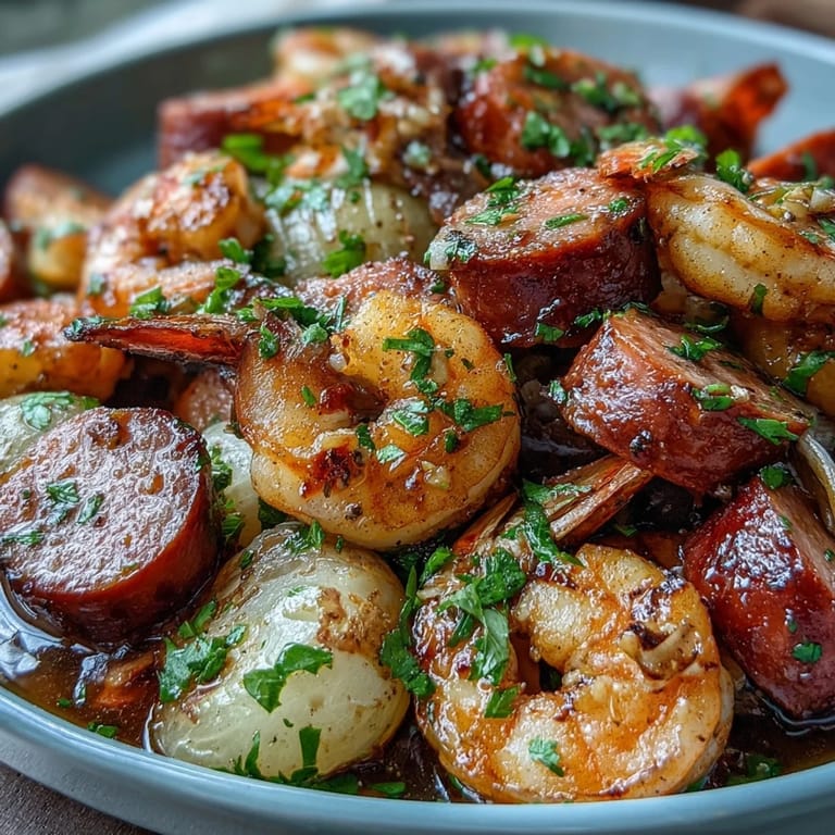 Southern-style Cajun shrimp and sausage boil featuring onions, corn, and potatoes, served with lemon wedges for a zesty finish.