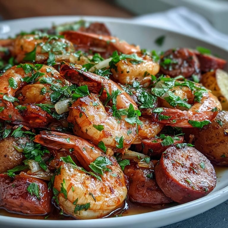 Spicy Cajun shrimp and sausage boil with onions, corn, and potatoes, drizzled with butter and garnished with fresh parsley.