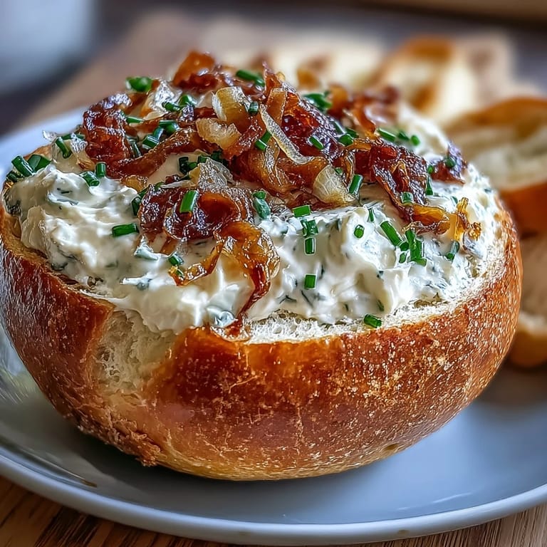Warm sourdough bread bowl filled with rich, savory onion dip, surrounded by fresh vegetables and crispy bread cubes for dipping.  