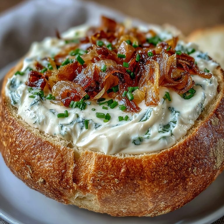 Homemade sourdough bread bowl brimming with tangy caramelized onion dip, topped with parsley and ideal for sharing at gatherings.