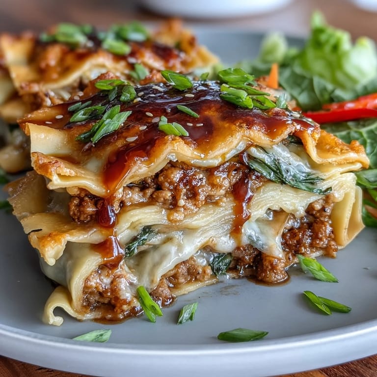 Close-up view of the Asian Dumpling Lasagna showing the melted cheese and sesame seed garnish.