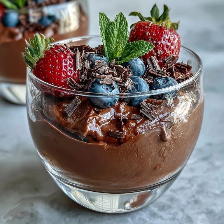 Silky smooth cottage cheese chocolate mousse blended with cocoa and topped with a colorful mix of fresh strawberries, blueberries, and raspberries.  