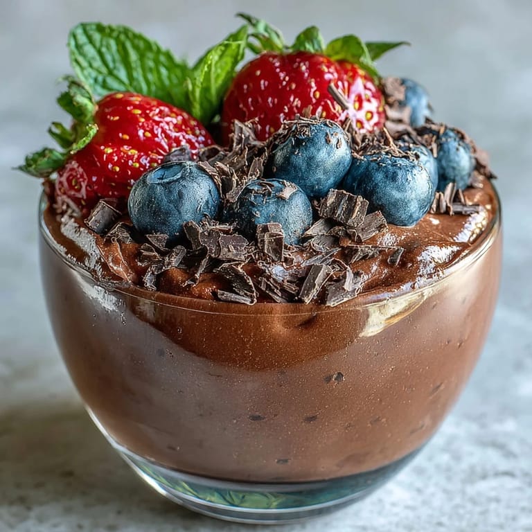 Decadent cottage cheese chocolate mousse garnished with fresh berries and dark chocolate shavings, offering a healthy yet indulgent dessert experience.
