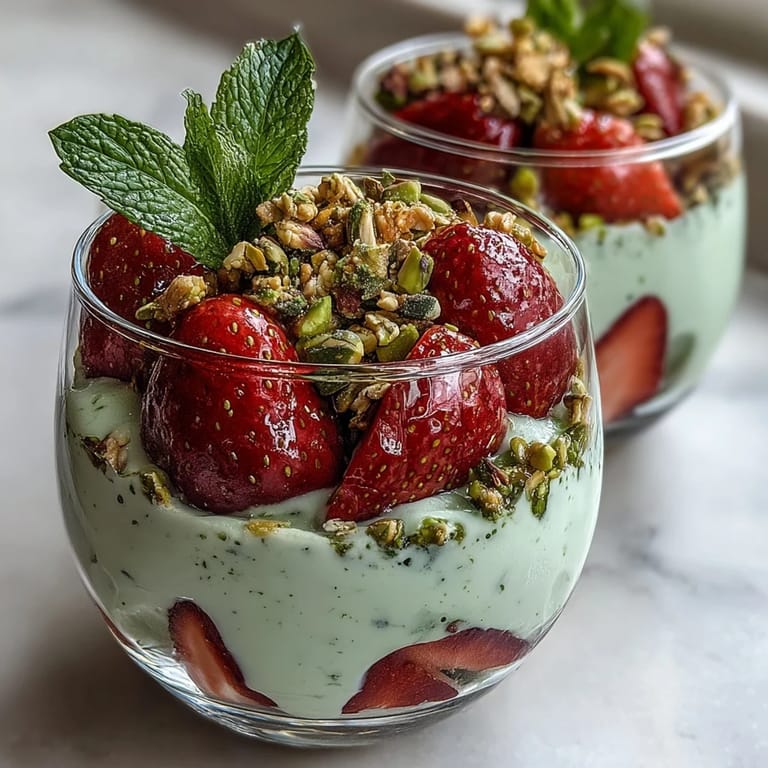 Layered strawberry pistachio parfait featuring tangy fruit, vanilla yogurt, and nutty crunch—perfect for a quick, colorful breakfast.