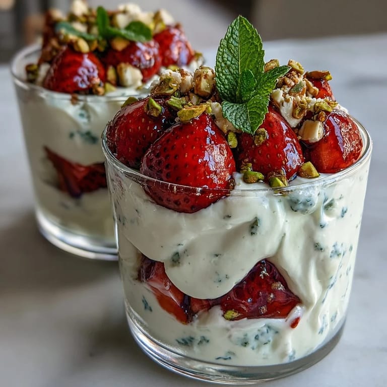 Beautiful parfait with strawberries, pistachios, and Greek yogurt, topped with granola for a satisfying and healthy morning treat.