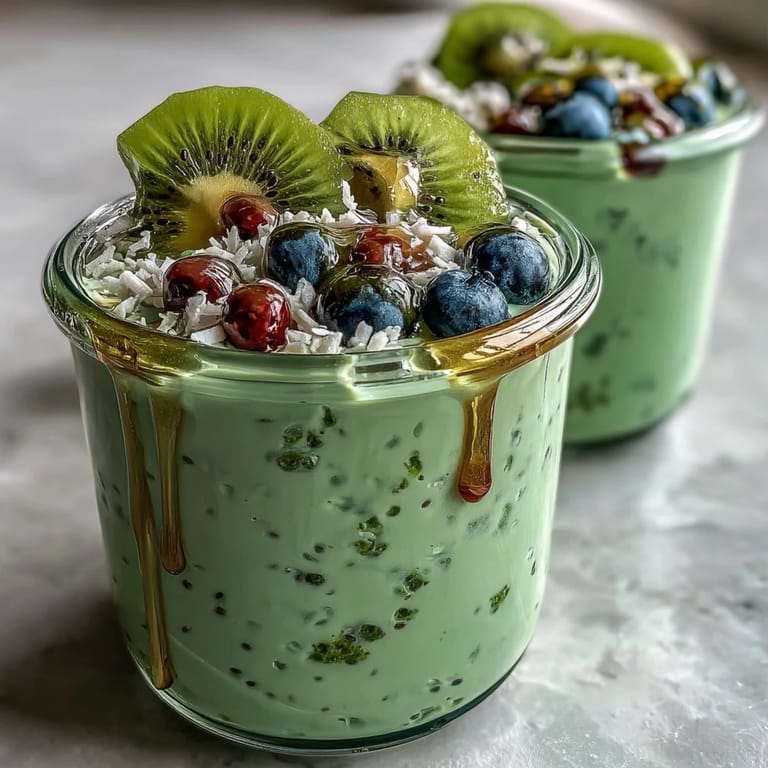 A jar of vibrant green matcha overnight oats layered with chia seeds and coconut, garnished with sliced banana and a drizzle of honey.  
