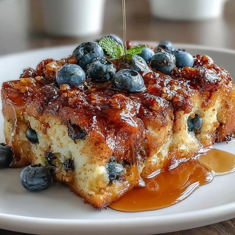 A comforting brunch casserole of sourdough cubes and blueberries, drizzled with cinnamon butter and baked to a crisp, golden top.