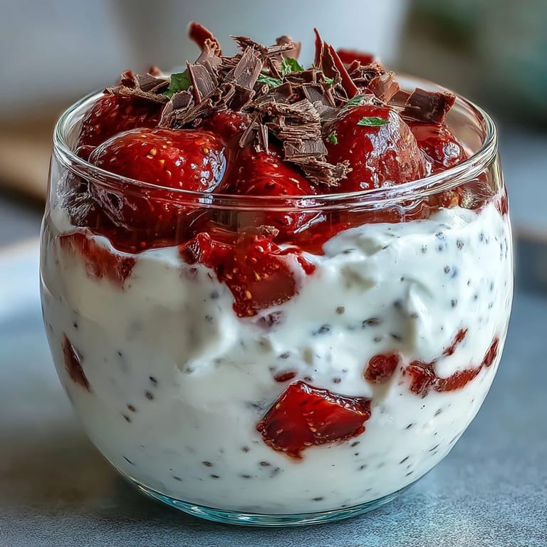 Layered Strawberry Yogurt Chia Pudding with Dark Chocolate Shavings, featuring thick, creamy pudding, juicy strawberries, and delicate chocolate shavings, perfect for a healthy breakfast or light dessert.