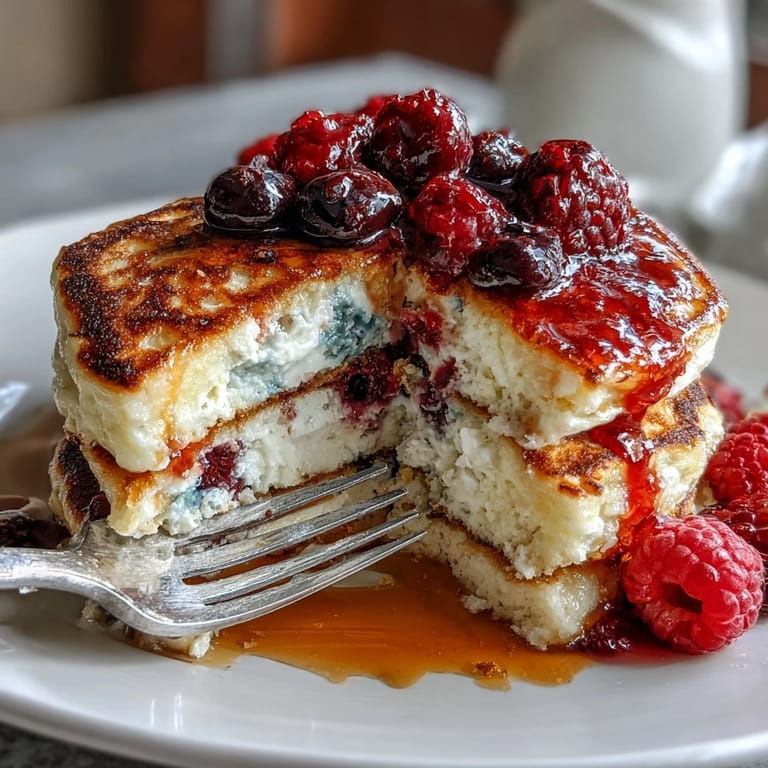 Wholesome cottage cheese and berry protein pancakes served with extra fruit, offering a delicious and nutritious start to your day.