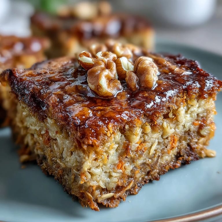 Wholesome Spring Carrot Cake Baked Oatmeal Squares packed with cinnamon, nutmeg, shredded coconut, and raisins, perfect for a healthy breakfast.