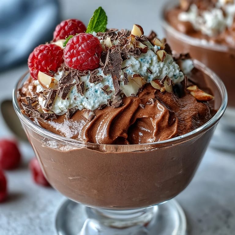 Decadent chocolate cottage cheese mousse cups garnished with roasted nuts and berries, perfect for a healthy yet indulgent treat.