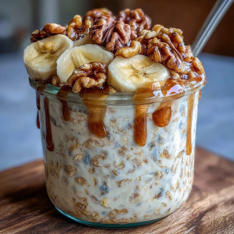 Creamy overnight oats infused with ripe banana and cinnamon, garnished with walnuts and a drizzle of maple syrup for cozy mornings.