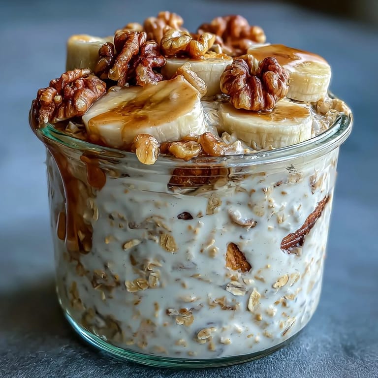 Wholesome banana bread-inspired overnight oats layered with Greek yogurt, oats, and walnuts, served chilled in a glass jar.