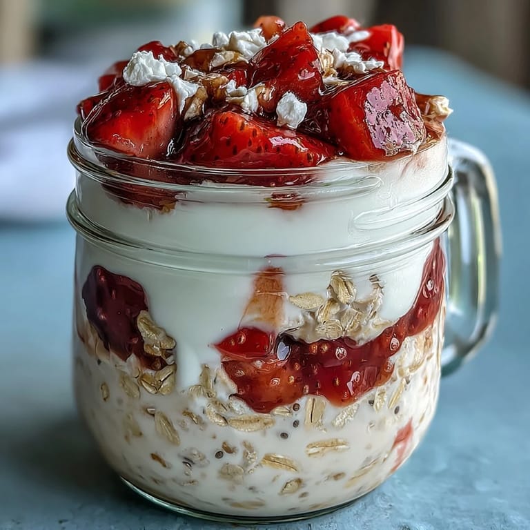 Delicious mason jar breakfast featuring creamy oats, sweet strawberries, and a rich cheesecake yogurt layer for a perfect morning treat.  