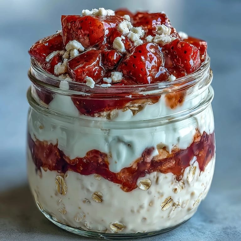 Mason jar strawberry cheesecake overnight oats with fresh fruit, creamy layers, and a cheesecake-inspired topping for an easy, healthy breakfast.