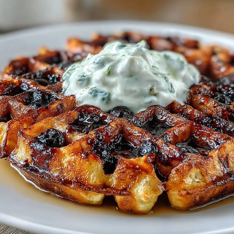 Golden waffles bursting with fresh blueberries and bright lemon, topped with tangy maple-infused Greek yogurt for a brunch favorite.