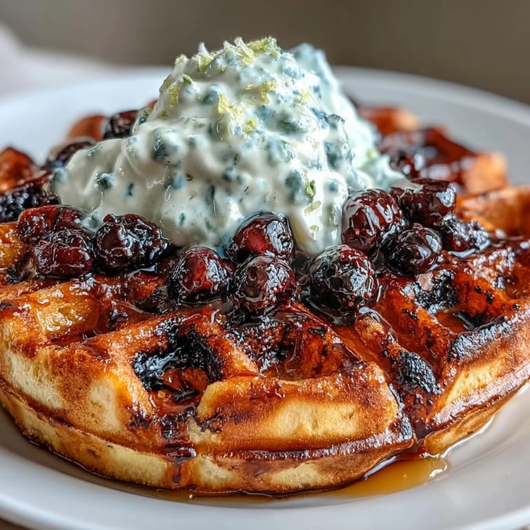 Crisp, tangy sourdough waffles studded with blueberries and lemon zest, drizzled with maple syrup and served with luscious maple yogurt.