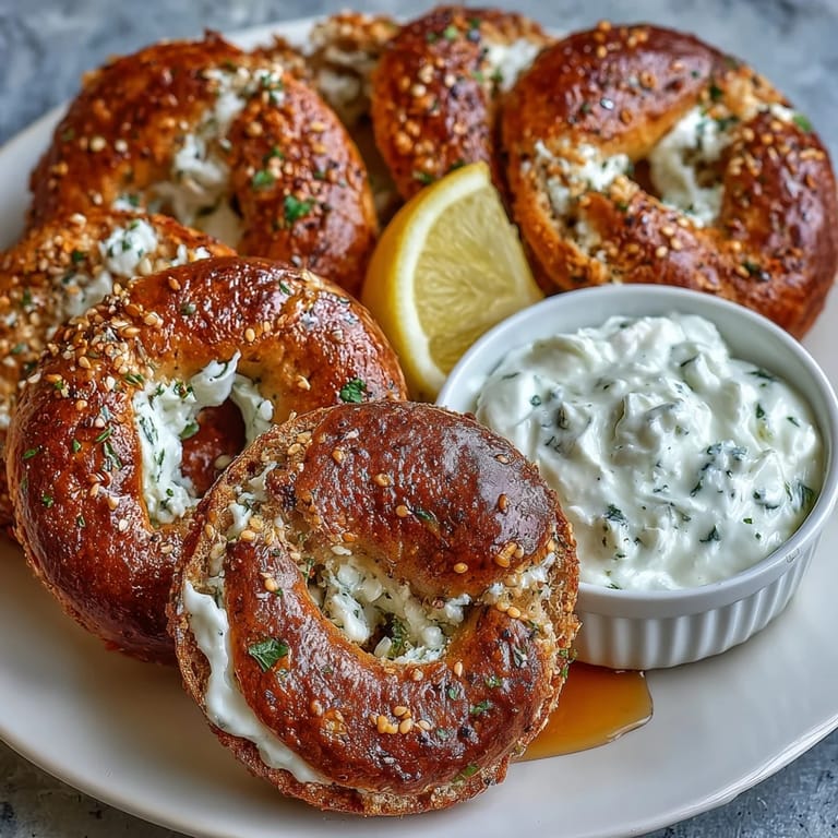 Golden-brown whole wheat bagels enriched with protein and honey, alongside a light, tangy yogurt dip.
