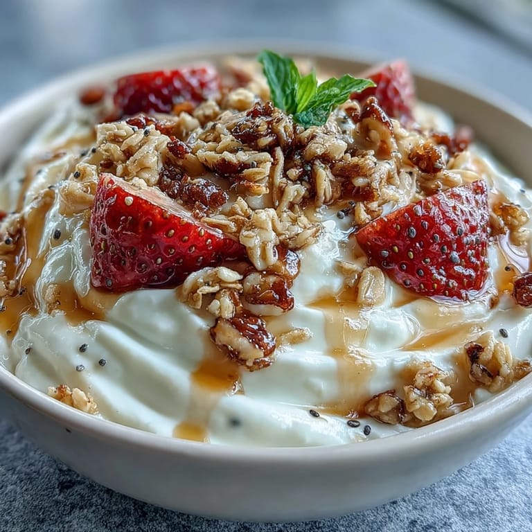 Creamy whipped Greek yogurt layered with juicy strawberries and crunchy granola, creating a colorful and satisfying breakfast bowl.  