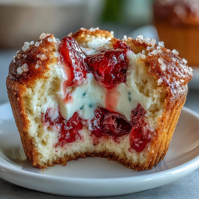 Homemade strawberry cream cheese muffins topped with crunchy sugar, bursting with fruit and rich cream cheese flavor.