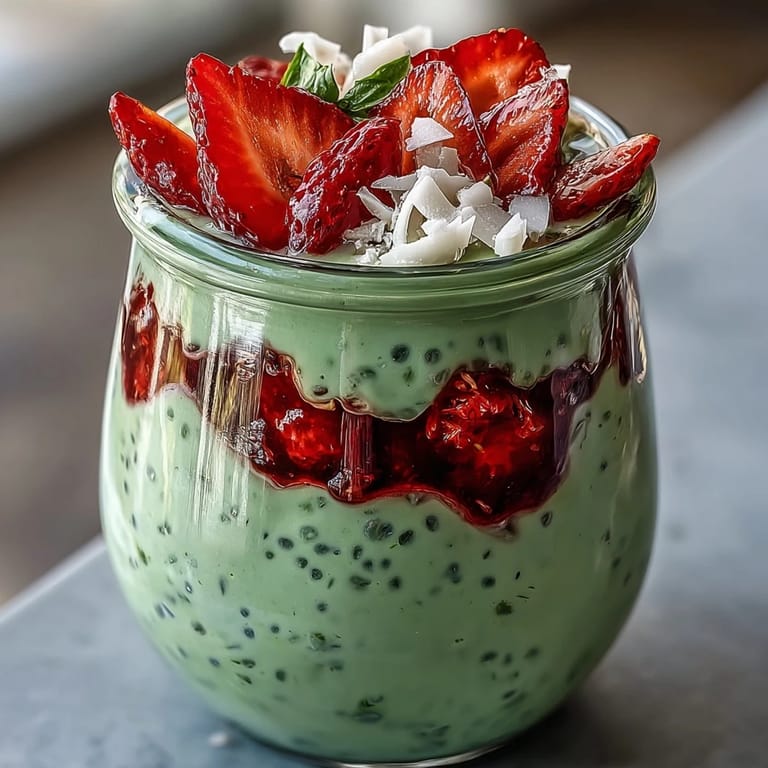 Beautifully layered strawberry matcha overnight chia oats featuring gluten-free oats, matcha powder, and sweet strawberries topped with coconut flakes and chia seeds.
