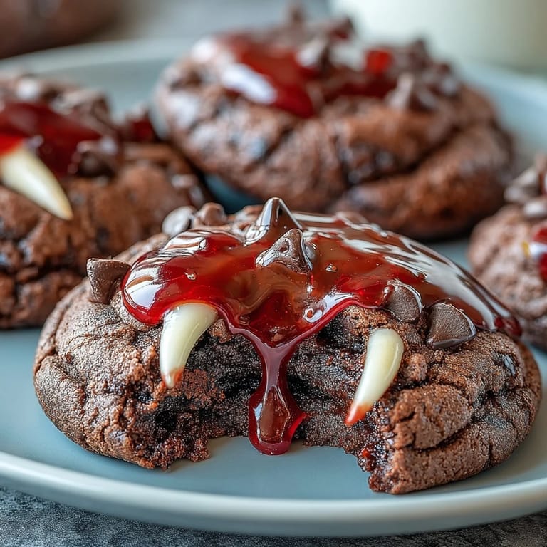 Rich, chewy chocolate cookies adorned with playful candy fangs and drizzled with red gel icing for a frightfully delicious dessert.
