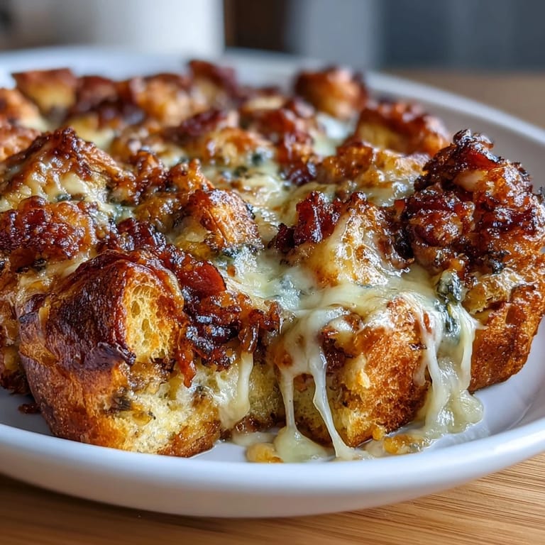 Savory breakfast casserole layered with torn croissants, smoky ham, and Swiss cheese, baked until golden and custardy.  