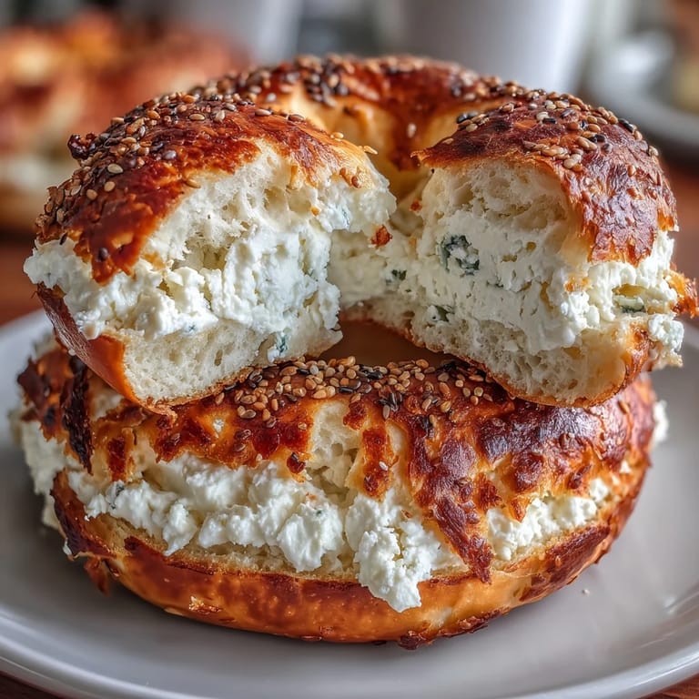 Chewy cottage cheese bagels made without yeast, brushed with egg wash and sprinkled with sesame seeds for a savory finish.  