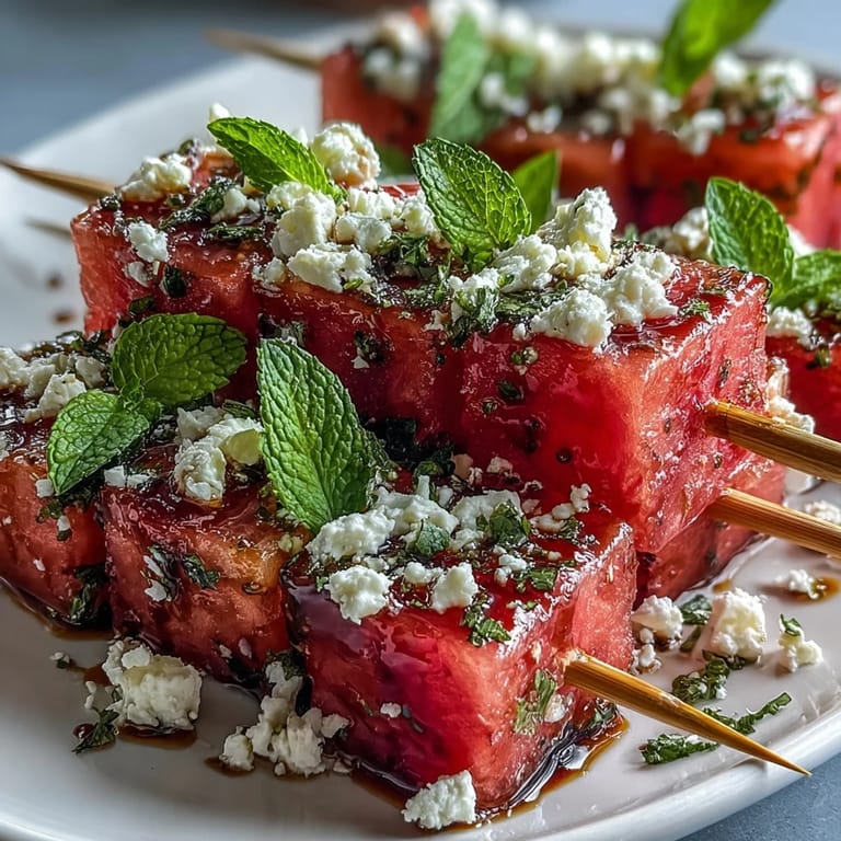 Vibrant watermelon feta skewers with mint leaves and balsamic glaze, a refreshing and easy vegetarian appetizer.
