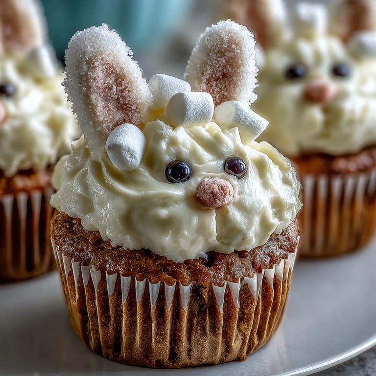 2. Moist spiced carrot cake cupcakes topped with fluffy cream cheese frosting, featuring bunny ears and pink candy noses for Easter celebrations.  