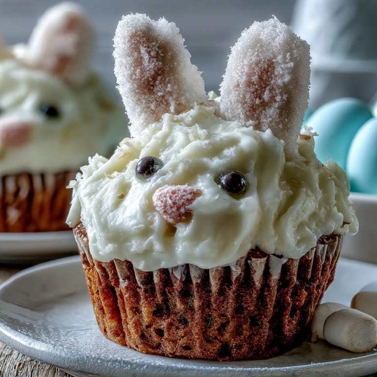 3. Festive Easter Bunny Carrot Cake Cupcakes with grated carrots and walnuts, decorated with marshmallow ears and mini marshmallow tails for spring parties.