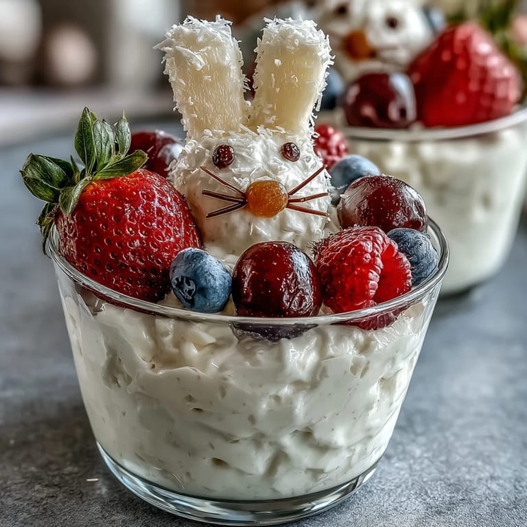 Healthy bunny fruit cups bursting with colorful berries and tropical fruit, decorated with marshmallow cheeks and candy eyes for a festive touch.