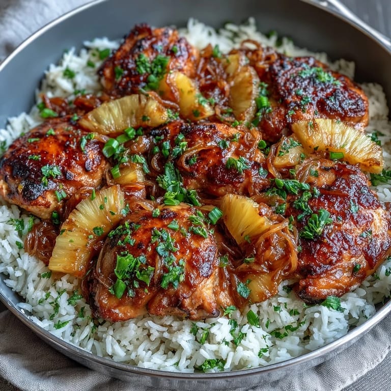 One-pan pineapple chicken and rice skillet, featuring tender chicken, golden pineapple, and crisp bell peppers for a tropical, comforting dinner.