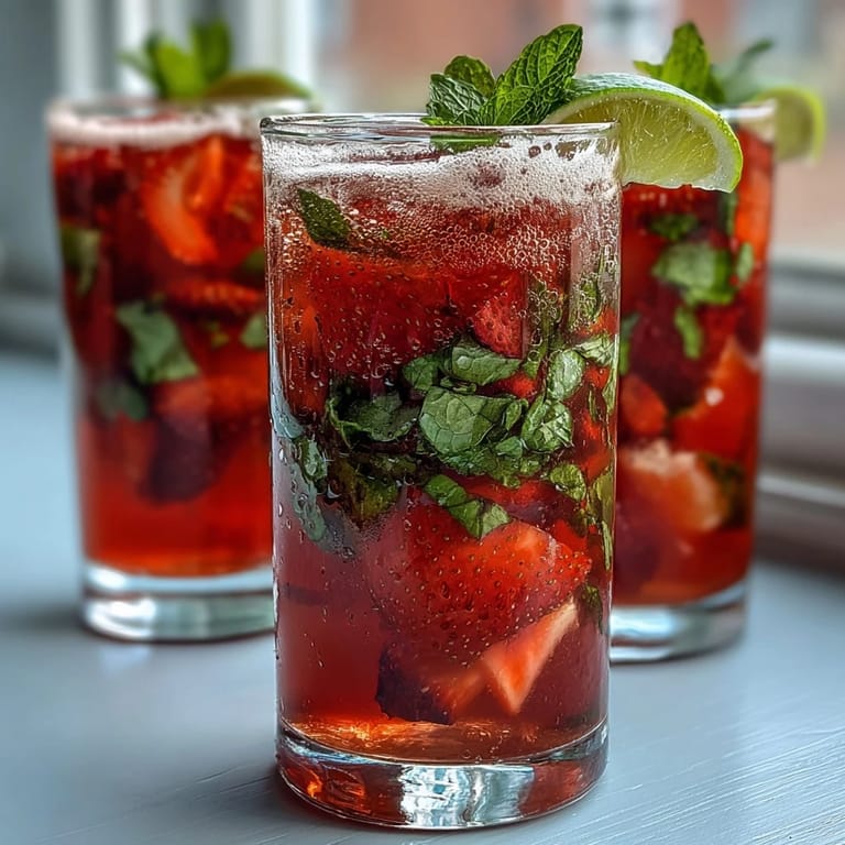 Chilled pitcher filled with muddled strawberries, mint leaves, and lemon slices, served over ice for a bright, bubbly non-alcoholic drink.