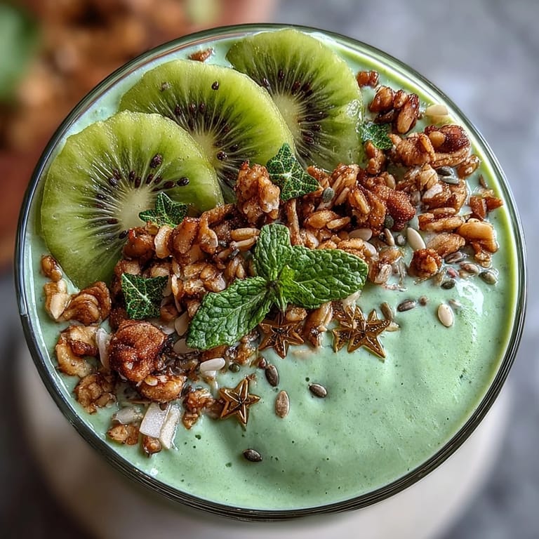 Vibrant St. Patrick's Day green smoothie bowl featuring spinach-avocado base, protein boost, and festive shamrock pattern with kiwi slices and mint leaves.