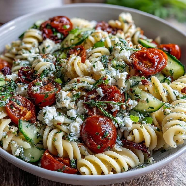 Colorful Lemon Vinaigrette Pasta Salad with cucumbers and cherry tomatoes, perfect for summer picnics.