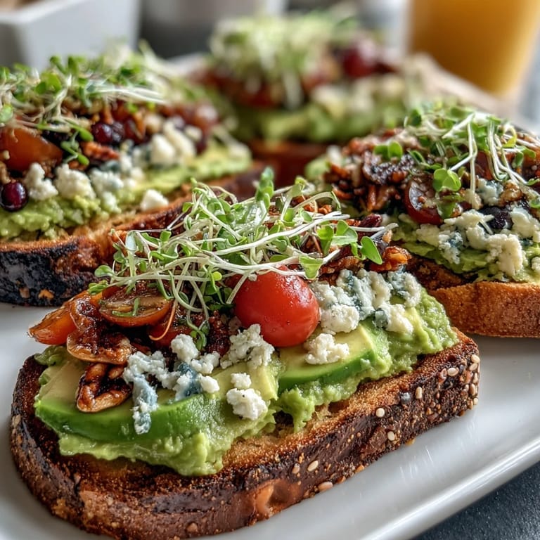 Elegant avocado toast presentation with seasonal toppings, feta cheese, and pumpkin seeds, ideal for a leisurely weekend brunch.